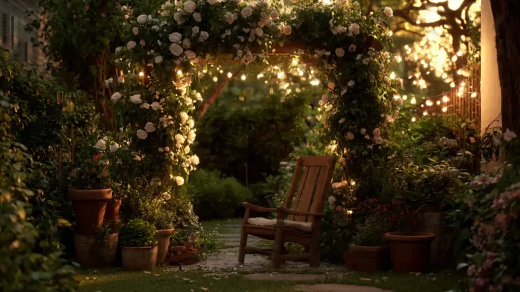 Small cozy backyard garden at sunset with wooden chair, climbing roses and warm fairy lights