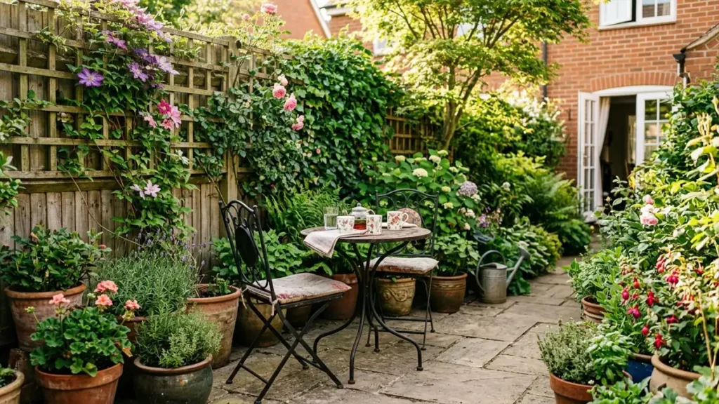 A compact metal bistro table and two chairs surrounded by potted plants and a climbing vine trellis in a small backyard.