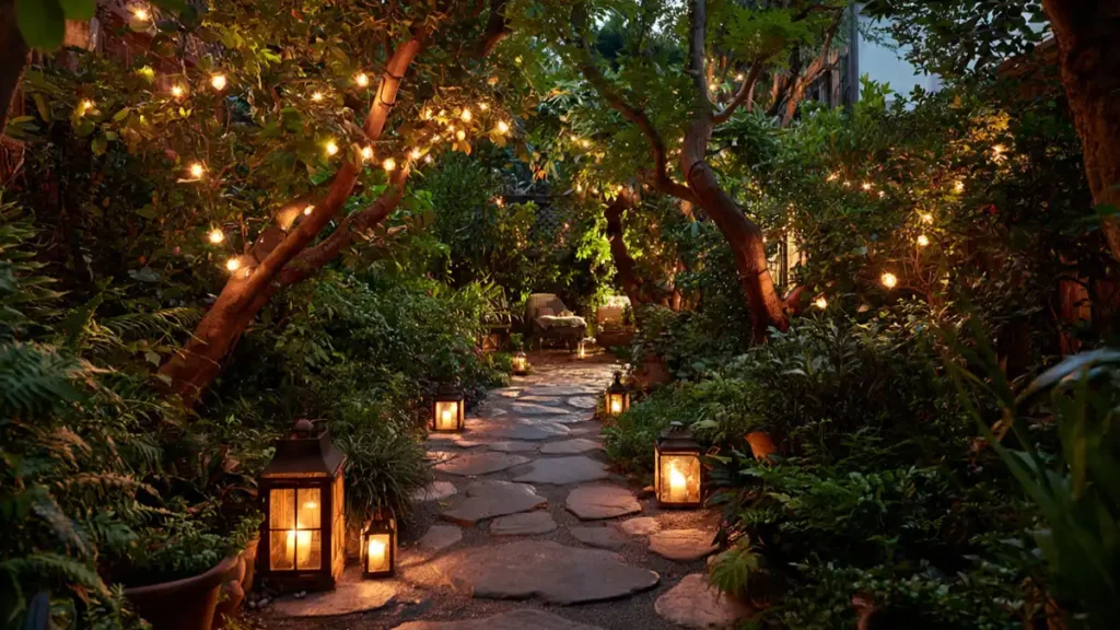 Enchanting small garden at dusk with fairy lights, lantern-lit pathway and warm glowing atmosphere