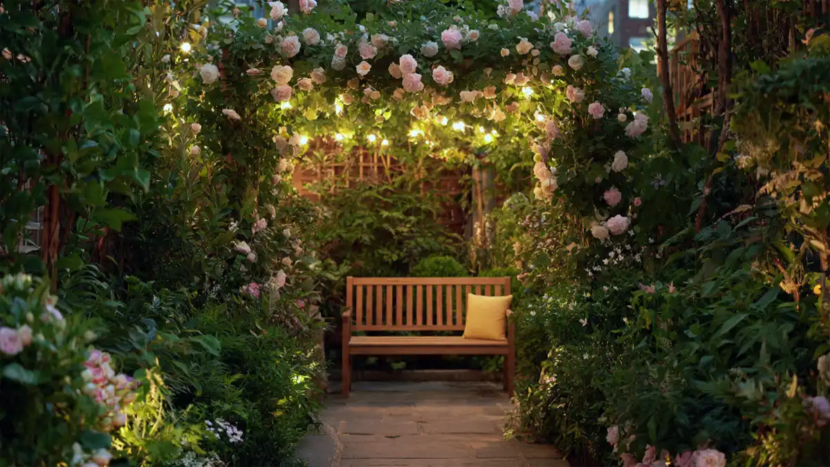 Cozy small garden with wooden bench, climbing roses, fairy lights, and layered plants at sunset.