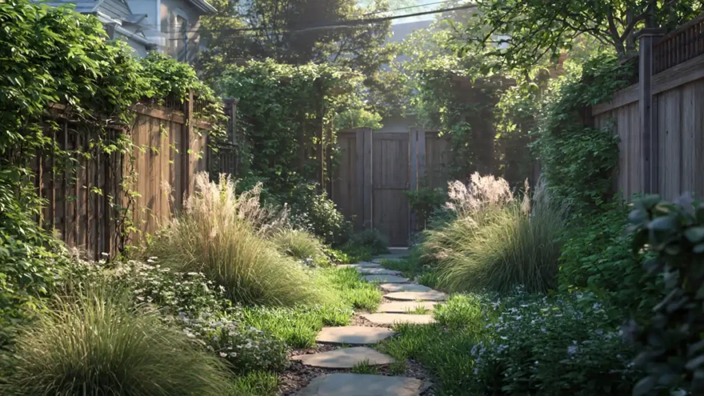 Small garden with winding stone pathway and layered plants creating visual depth
