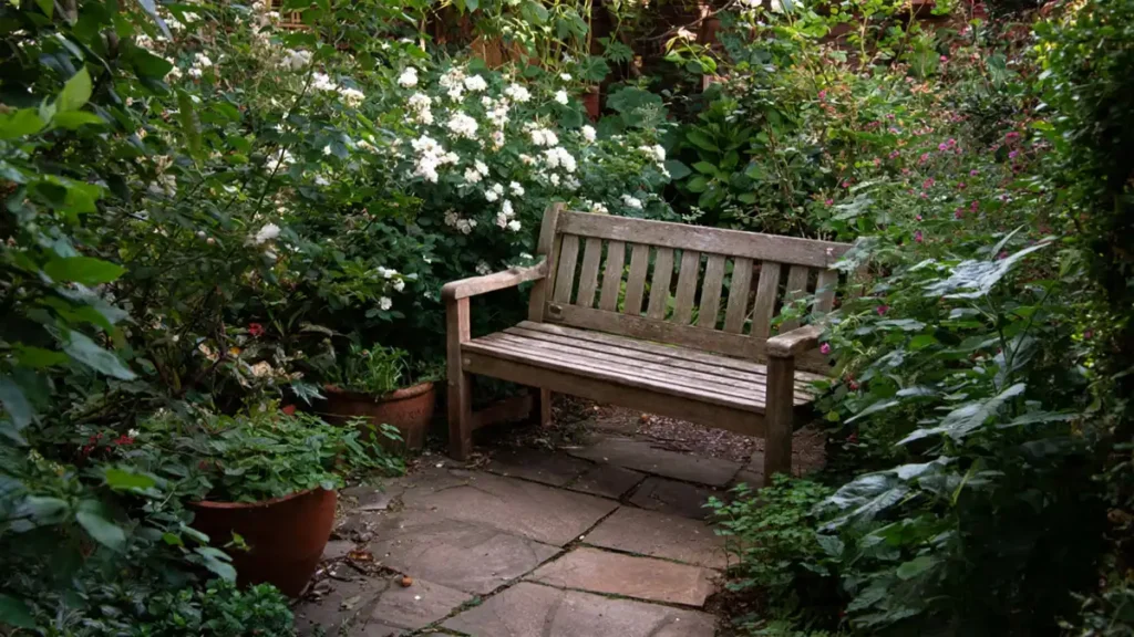 Cozy small garden corner with wooden bench surrounded by flowers and soft sunlight