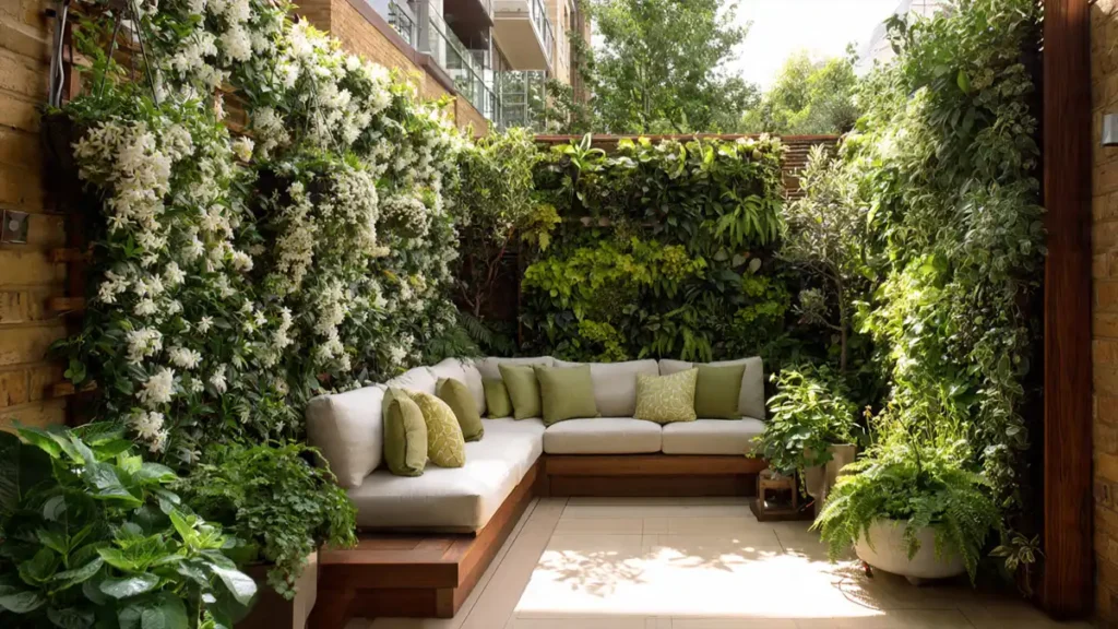 Modern small garden with vertical greenery, trellis vines, and hanging planters