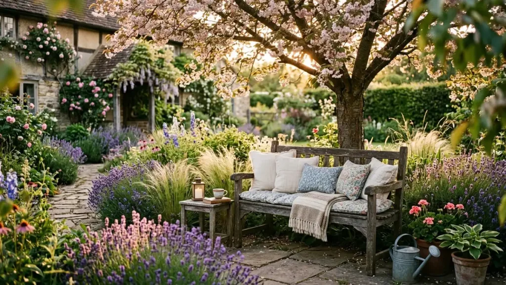 A weathered wooden bench tucked beneath a flowering tree and surrounded by lavender in a peaceful garden nook.