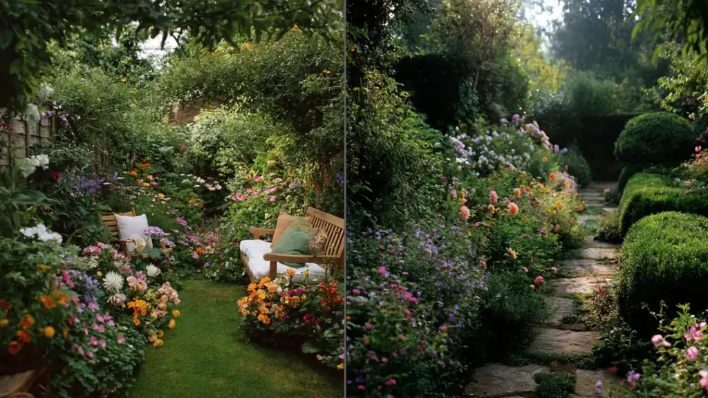 Comparison of wildflower garden and formal garden with clipped hedges and stone pathways.