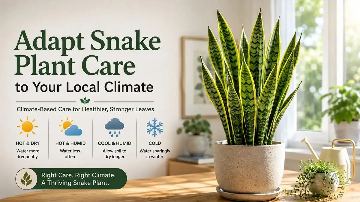 Snake plant in a pot showing climate-based indoor care for hot, humid, dry, and cold climates.