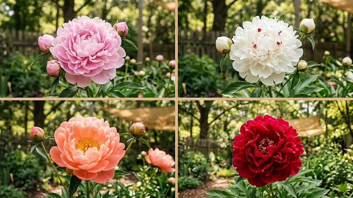 Four peony varieties – pink, white, coral, and red – showing the range of colors and bloom types for home gardens.
