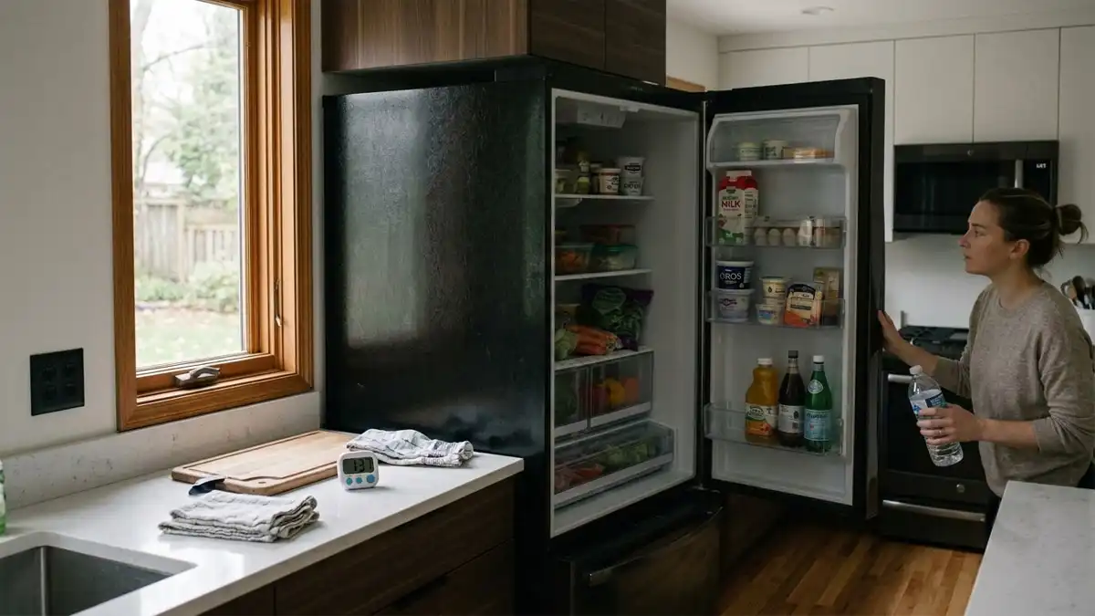 Woman checking food inside a refrigerator during a power outage to see what is still safe to eat.