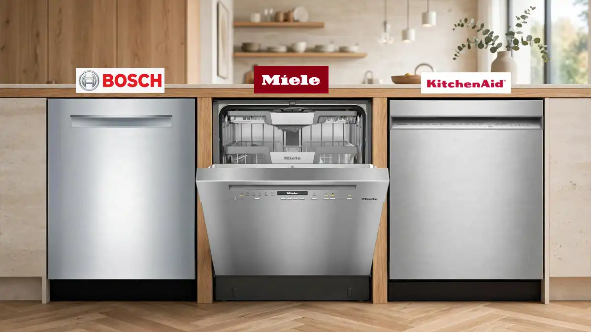 Three premium stainless steel dishwashers side-by-side in a modern kitchen, featuring the KitchenAid Third Level Jet, Bosch 800 Series, and a half-open Miele G 7000 showing its interior racks.