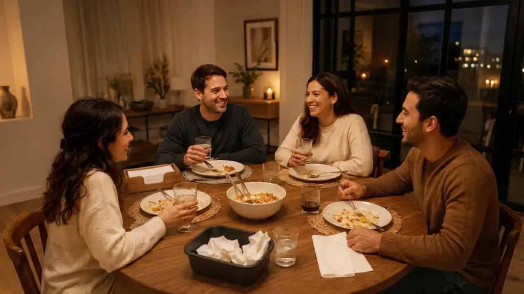 Dinner table after a meal with folded paper towels available for guests alongside plates, glasses, and serving dishes.