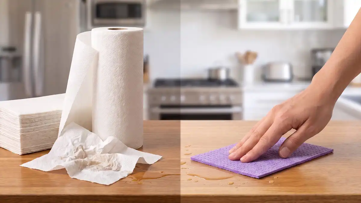 A standard roll of white paper towels sitting next to a colorful stack of Reusable Cleaning Cloths - Swedish dishcloths on a modern, brightly lit white quartz kitchen countertop.