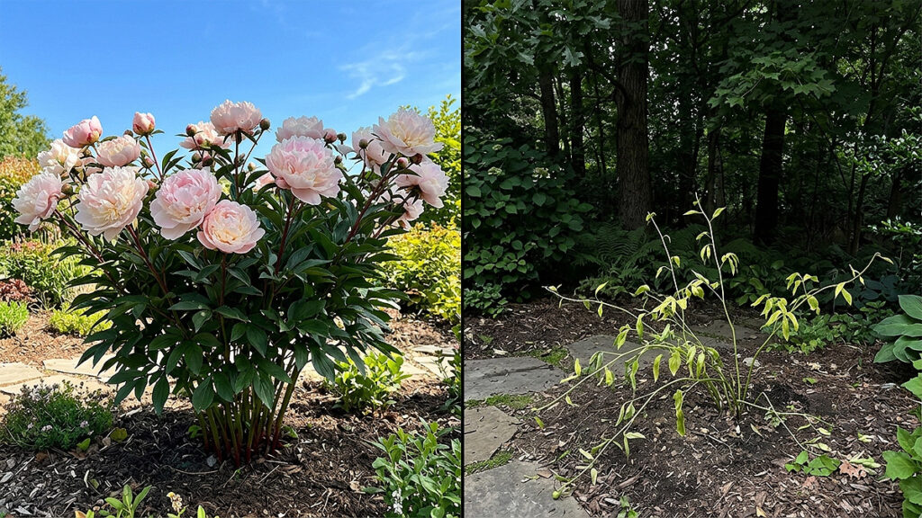 Comparison of peony in full sun (large blooms, strong stems) versus peony in shade (no blooms, weak growth) – showing sunlight importance.