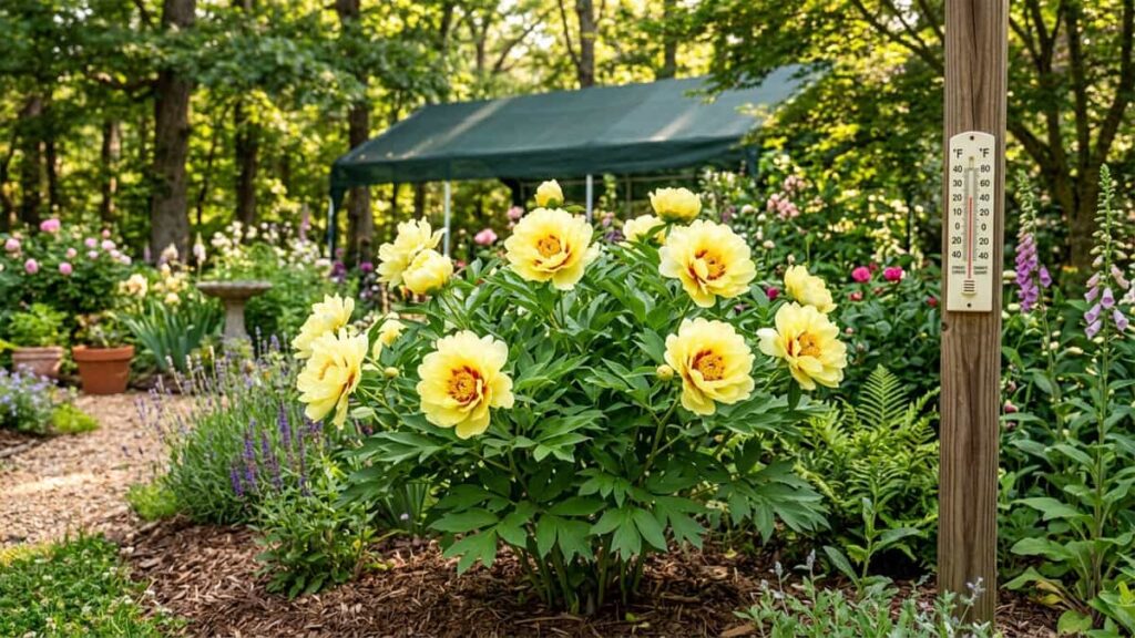 Itoh peony blooming in a warm southern garden with afternoon shade – successful warm‑climate peony growing.
