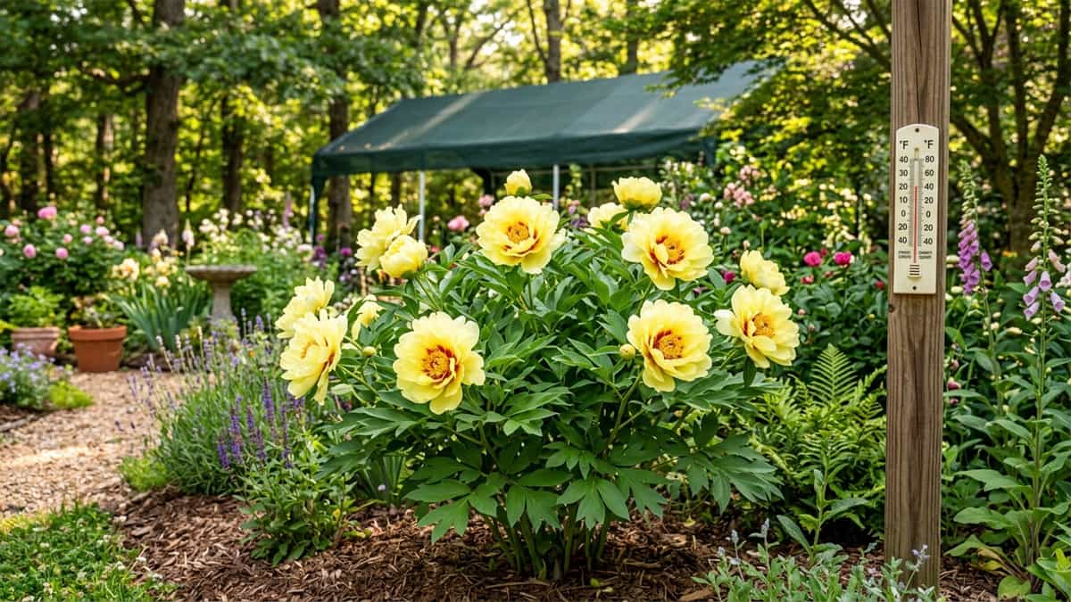 Itoh peony blooming in a warm southern garden with afternoon shade – successful warm‑climate peony growing.