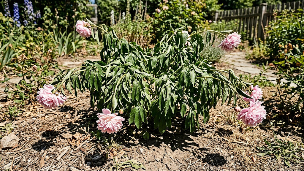 Peony bush wilting in hot afternoon sun – leaves drooping due to heat stress, a common summer issue in warm climates.