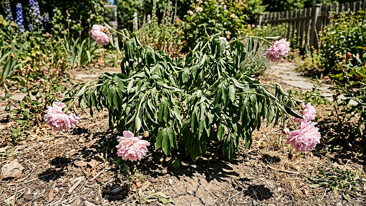 Peony bush wilting in hot afternoon sun – leaves drooping due to heat stress, a common summer issue in warm climates.