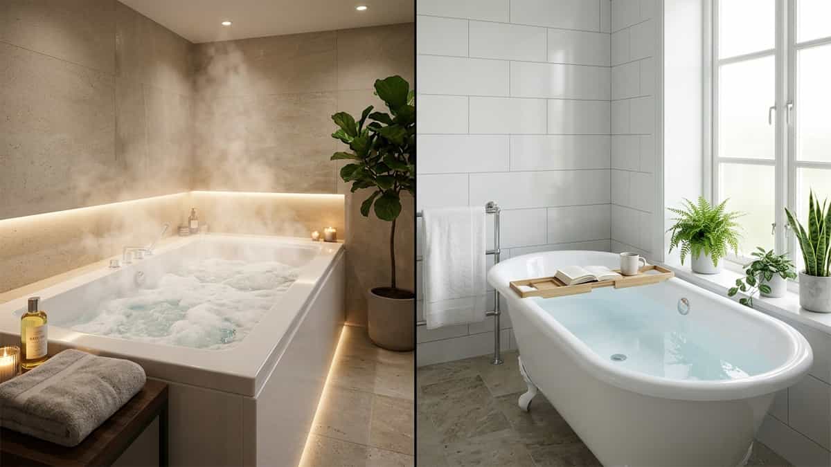 Side-by-side comparison of a whirlpool tub with jets vs a regular bathtub