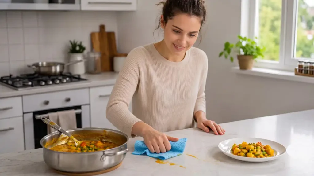 Woman wiping a kitchen countertop with a reusable Swedish dishcloth after cleaning up a small food spill.