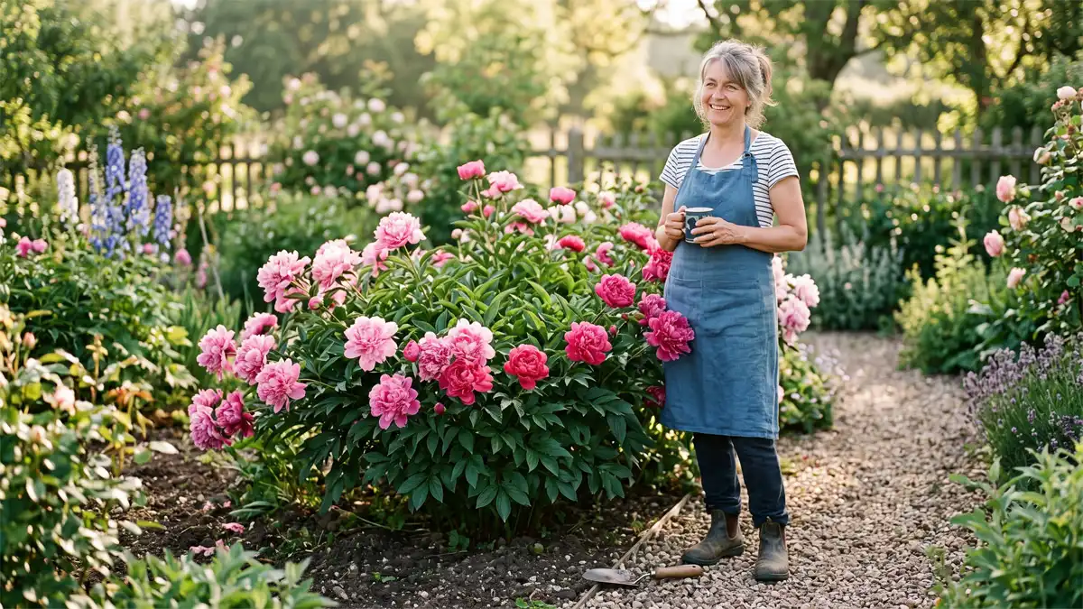 Relaxed gardener enjoying blooming peony bush – peonies are low‑maintenance perennials, not high‑maintenance.