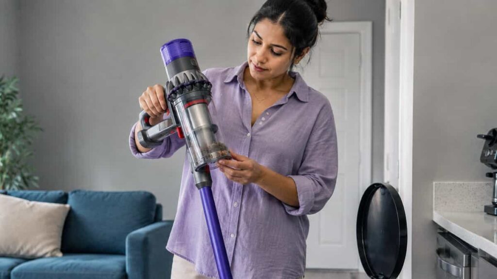 Dyson V10 vacuum user checking the dustbin after cleaning
