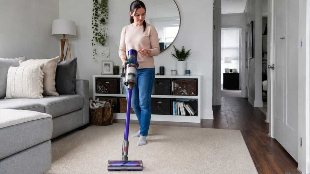 Dyson V11 vacuum user checking battery runtime and cleaning results