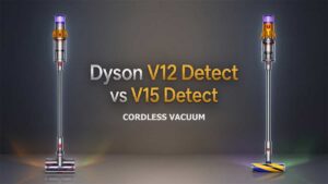 A side-by-side product comparison of the Dyson V12 Detect Slim on the left with a digital display and the larger Dyson V15 Detect on the right, against a dark studio background with text overlay.