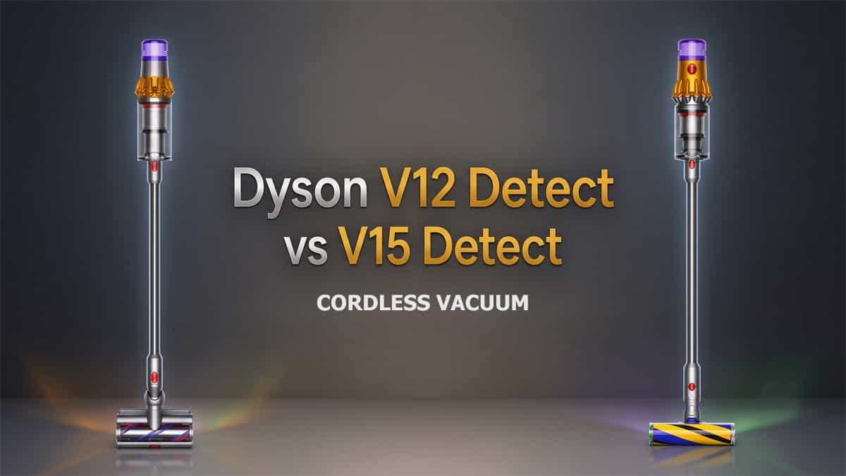 A side-by-side product comparison of the Dyson V12 Detect Slim on the left with a digital display and the larger Dyson V15 Detect on the right, against a dark studio background with text overlay.