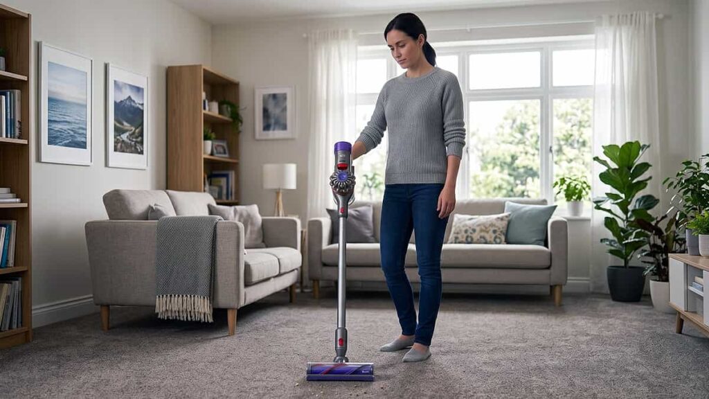 Dyson V8 vacuum user checking cleaning performance on carpet