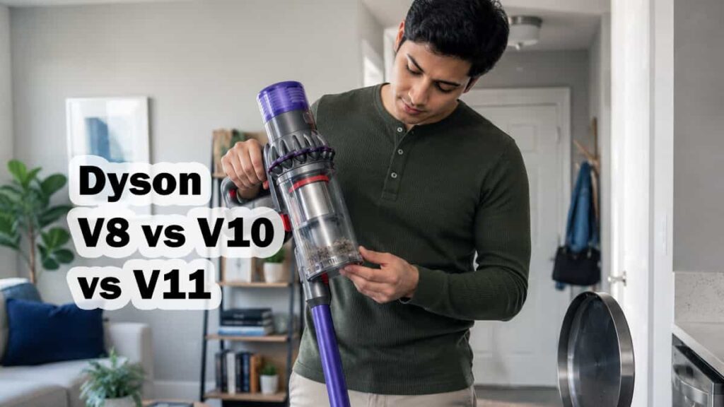 Man holding and inspecting a Dyson cordless vacuum bin, featuring text overlay "Dyson V8 vs V10 vs V11" for model comparison.