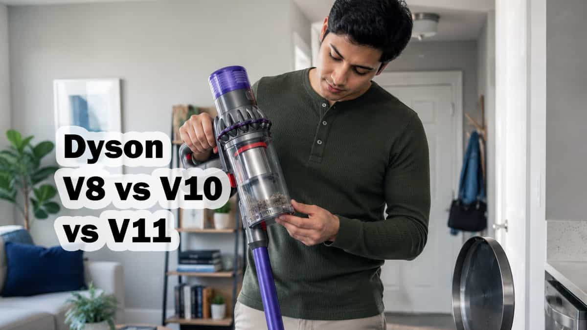 Man holding and inspecting a Dyson cordless vacuum bin, featuring text overlay "Dyson V8 vs V10 vs V11" for model comparison.