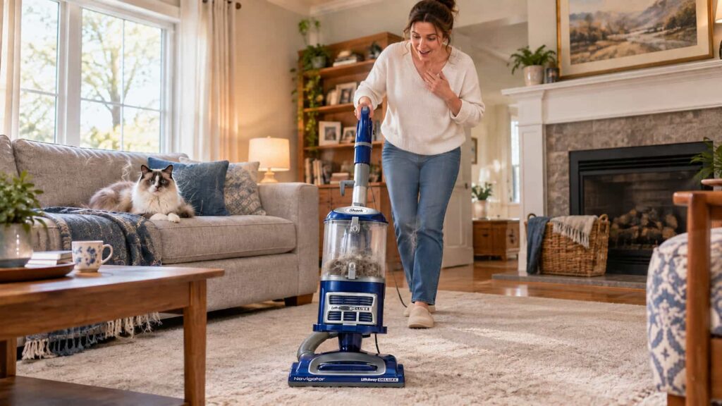 Eureka NEU10AE4 vacuum cleaner cleaning pet hair from a carpeted home