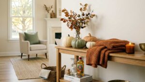 Clean living room prepared for fall decorating with pumpkins and autumn foliage