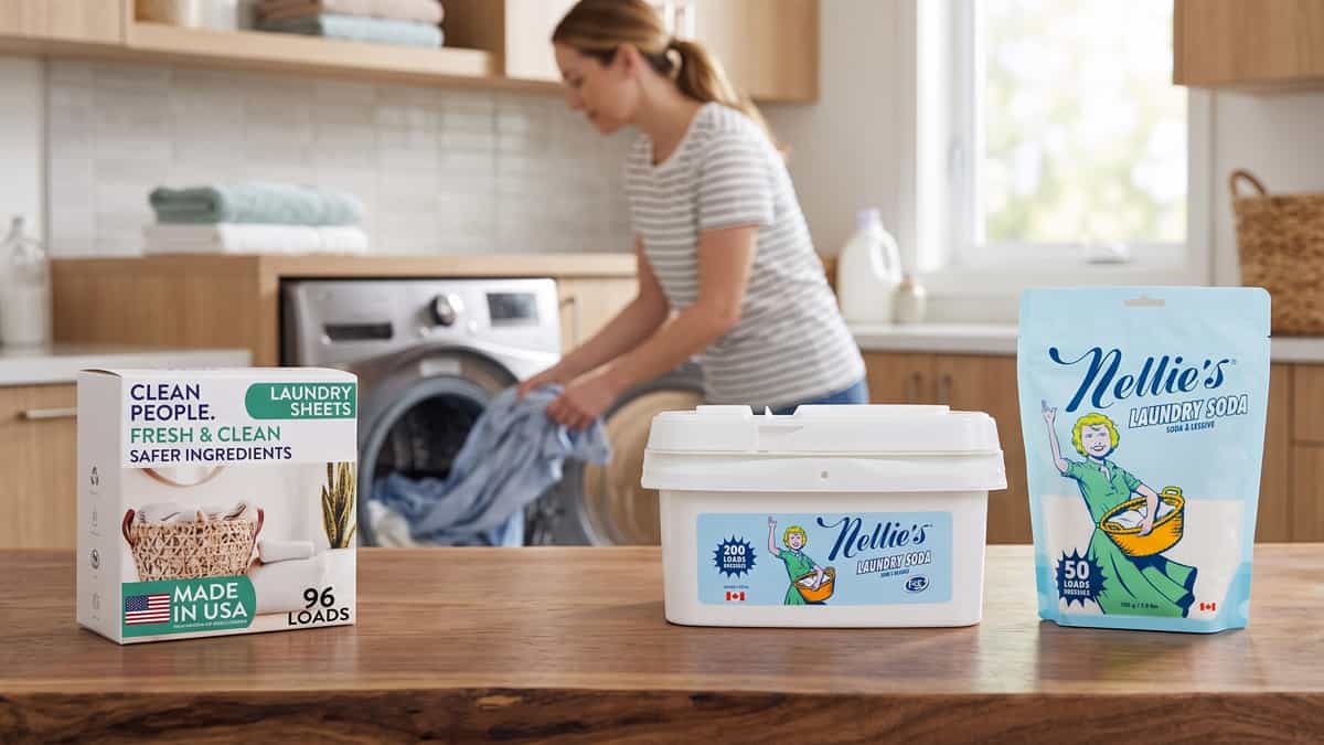 Nellie's Laundry Soda powder tin and The Clean People laundry detergent sheets side by side for comparison