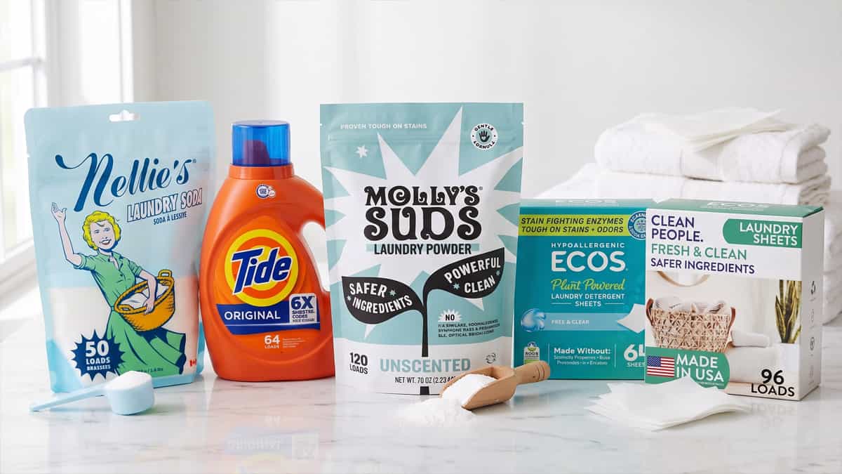 Comparison of powder, laundry sheets, and liquid detergent formats showing load counts and cost per load
