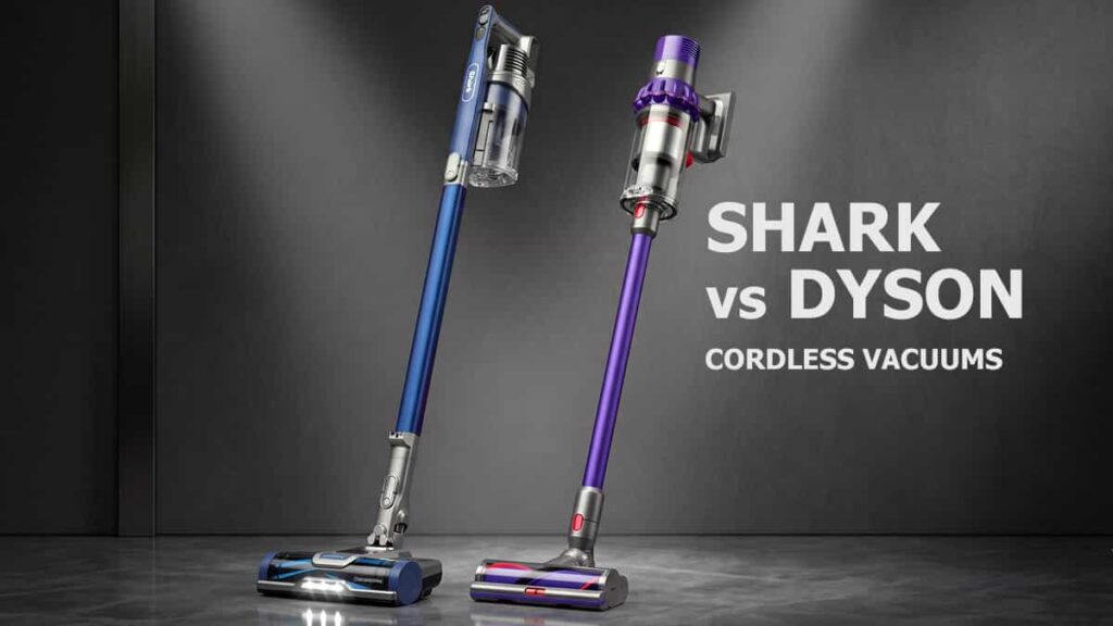 Side-by-side comparison of Shark IZ363HT and Dyson V10 cordless stick vacuums against a dark grey studio background with "SHARK vs DYSON CORDLESS VACUUMS" text.