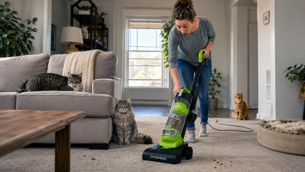 Shark NV360 vacuum cleaner cleaning pet hair from a carpeted home