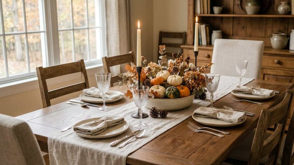 Simple fall dining table decor with pumpkins candles and autumn foliage