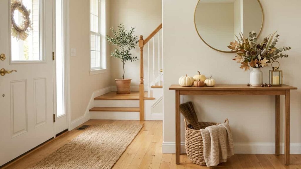 Simple fall entryway decor with pumpkins and autumn foliage