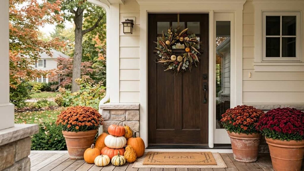 Simple fall front porch decor with pumpkins wreath and mums