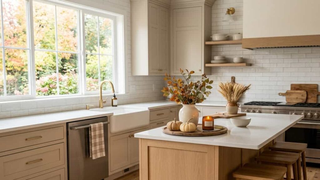 Simple fall kitchen decor with pumpkins foliage and a seasonal accent