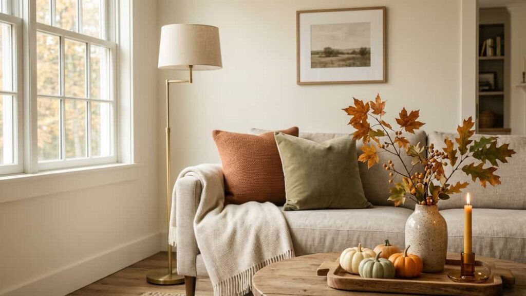 Simple fall living room decor with warm pillows pumpkins and foliage