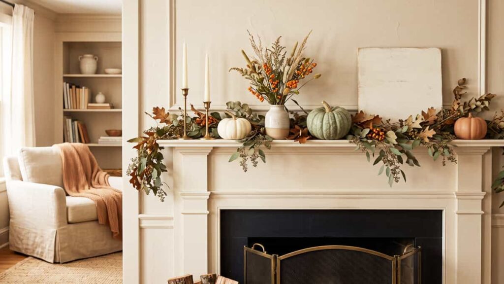 Simple fall mantel decor with pumpkins garland candles and foliage