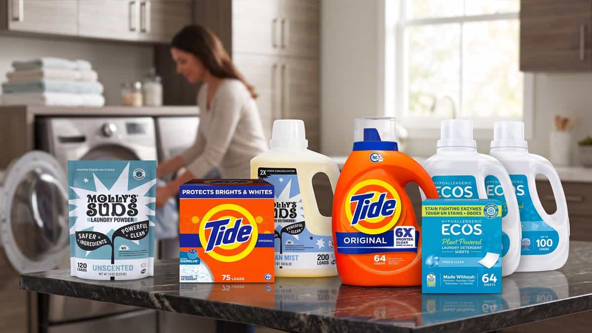 Tide, Molly's Suds, and ECOS laundry detergent bottles and powder side by side for comparison