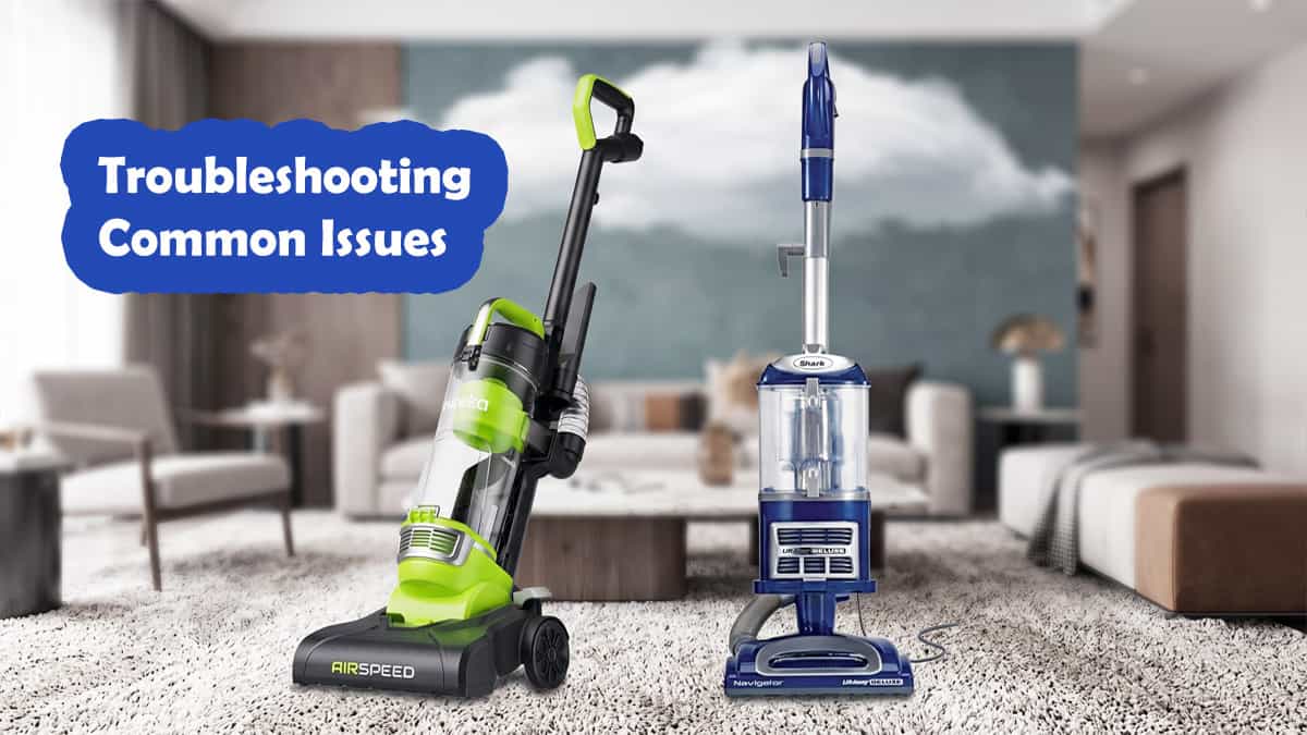 Green Eureka Airspeed and blue Shark Navigator NV360 vacuums positioned on a carpet in a living room, highlighting common components for troubleshooting.