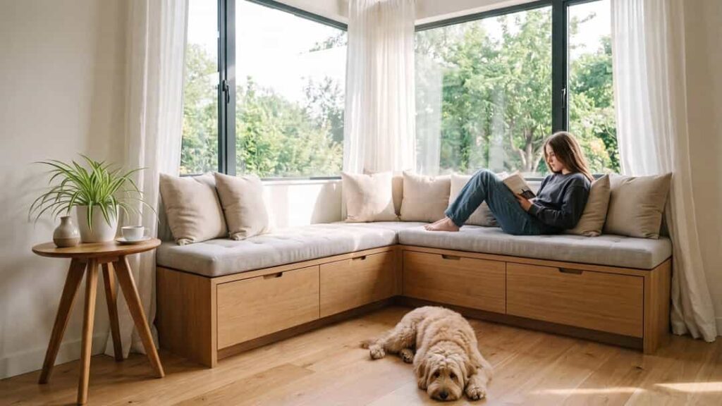 L-shaped window nook with built-in storage in a bright corner room with large windows