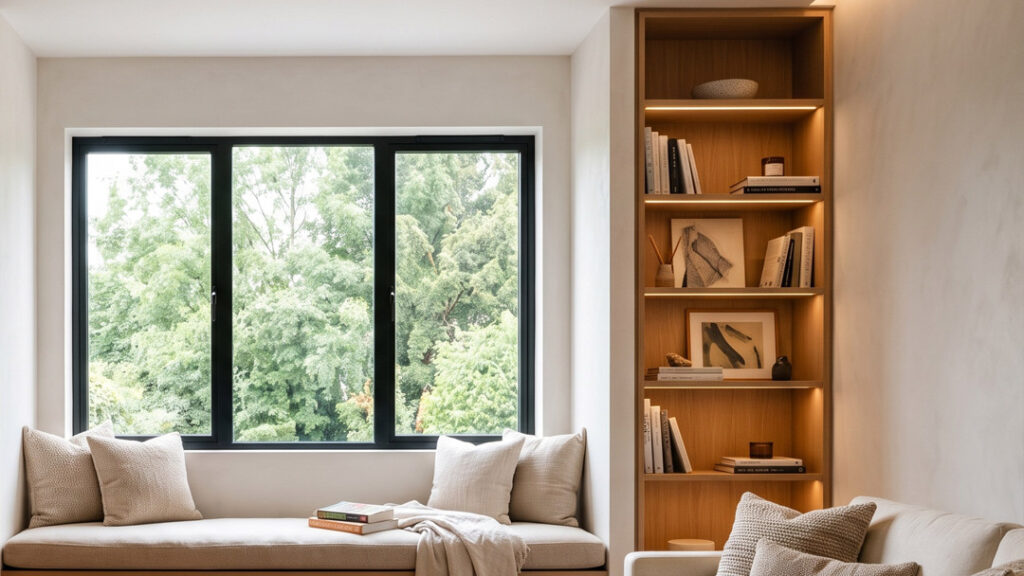Small space window reading nook with cushioned seat and slim built-in shelving