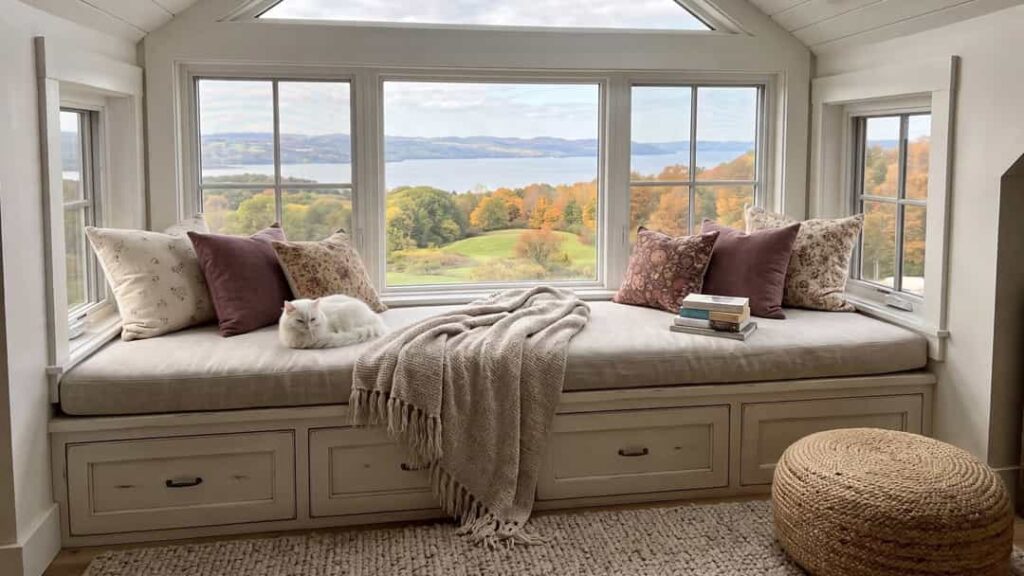 Reading nook beneath a slanted ceiling with built-in window seat, storage drawers and scenic view