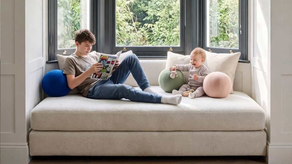 Window reading nook created with a deep sofa-style seat and cushions, used by children