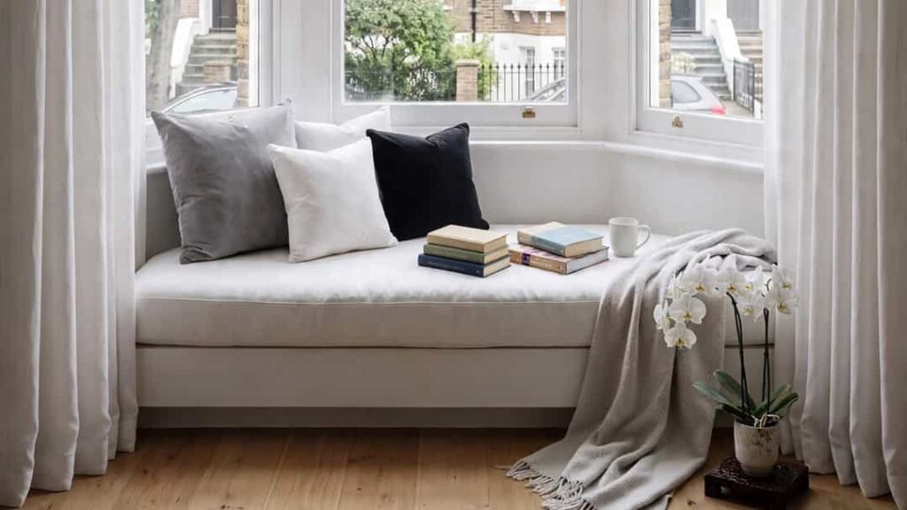 Rounded window reading nook with a fitted sofa, cushions, books and soft curtains
