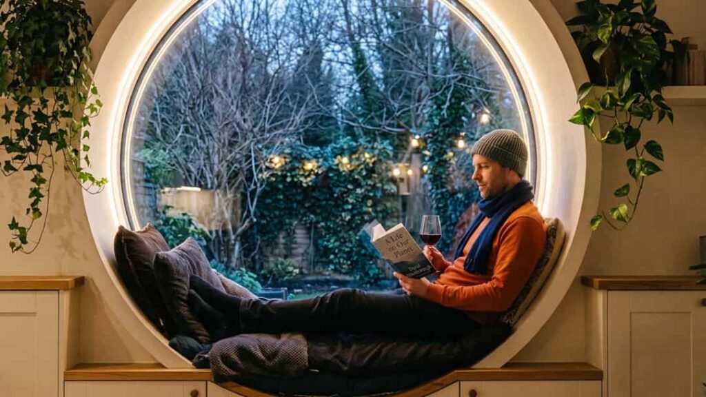 Circular window reading nook with fitted seating, cushions and built-in side storage